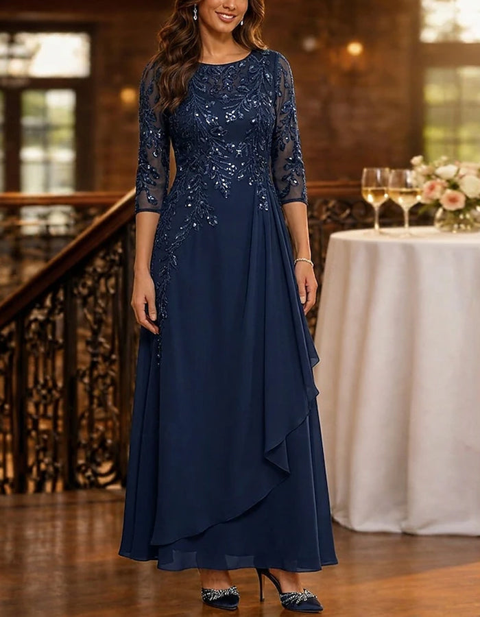 Solid Color Three Quarter Sleeve Sequined Chiffon Maxi Dress