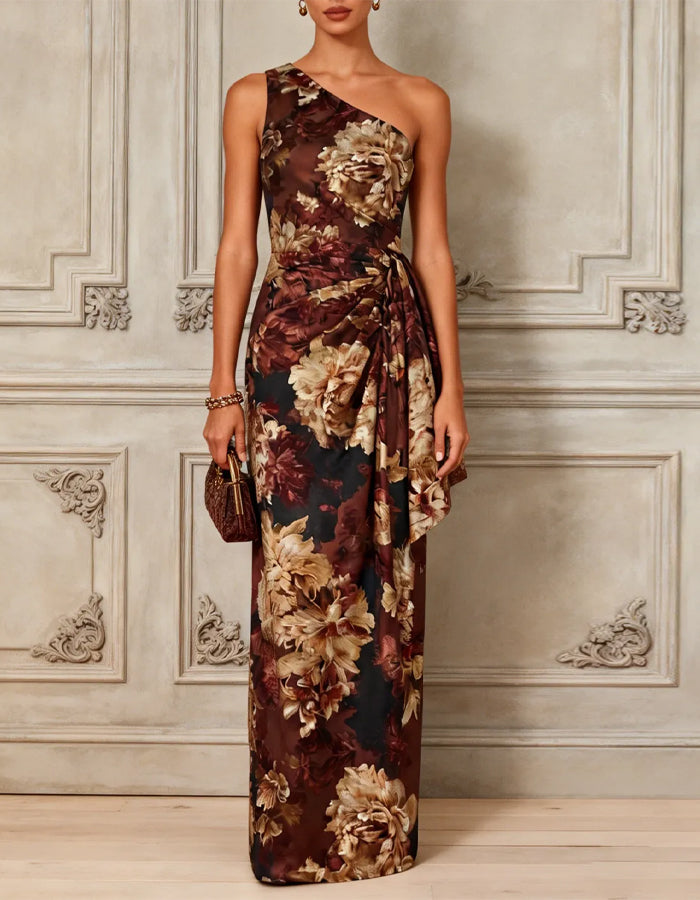 Chocolate And Gold Floral Satin Shoulder Maxi Dress