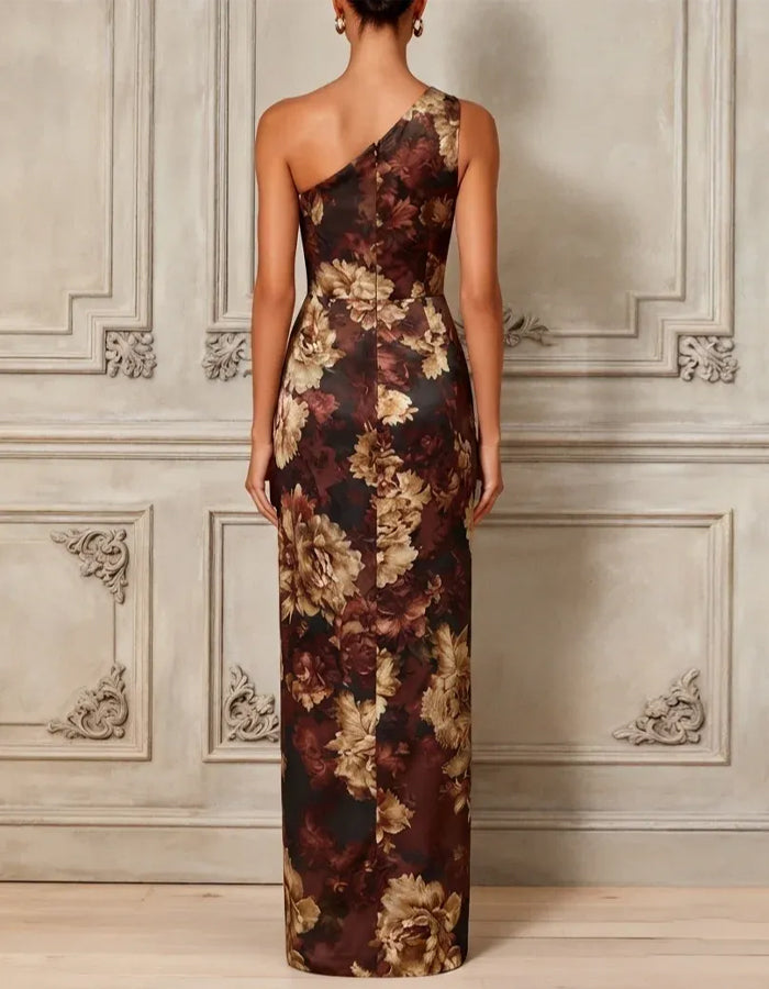 Chocolate And Gold Floral Satin Shoulder Maxi Dress