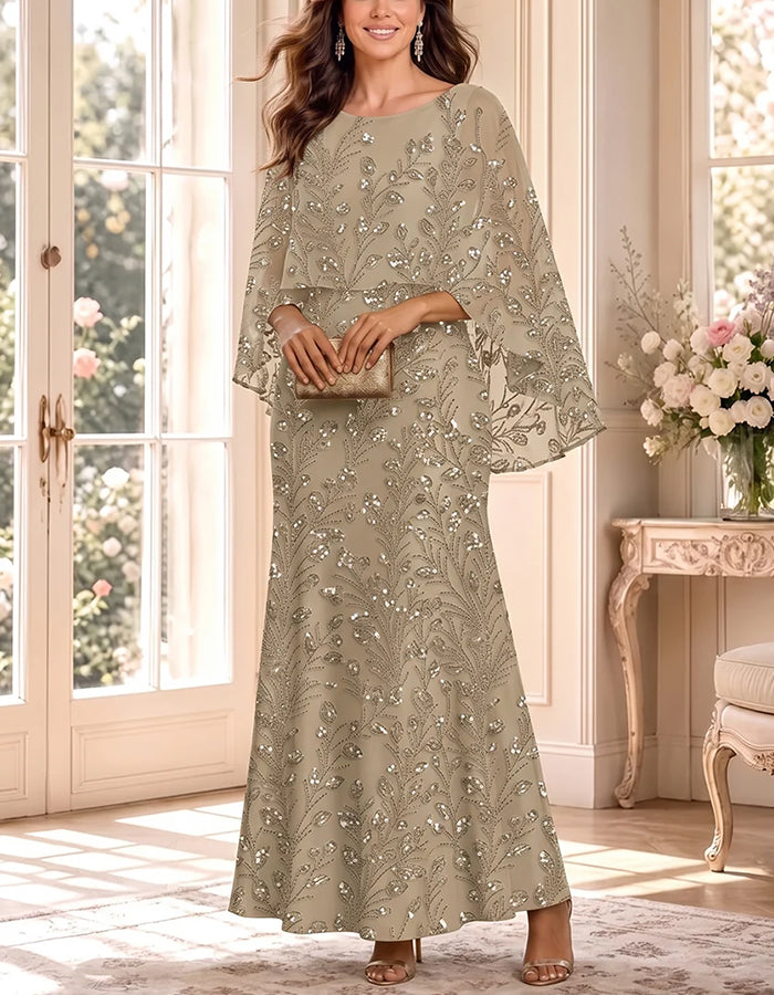 Sequin Floral Round Neck Cape Sleeve A‑Line Maxi Dress