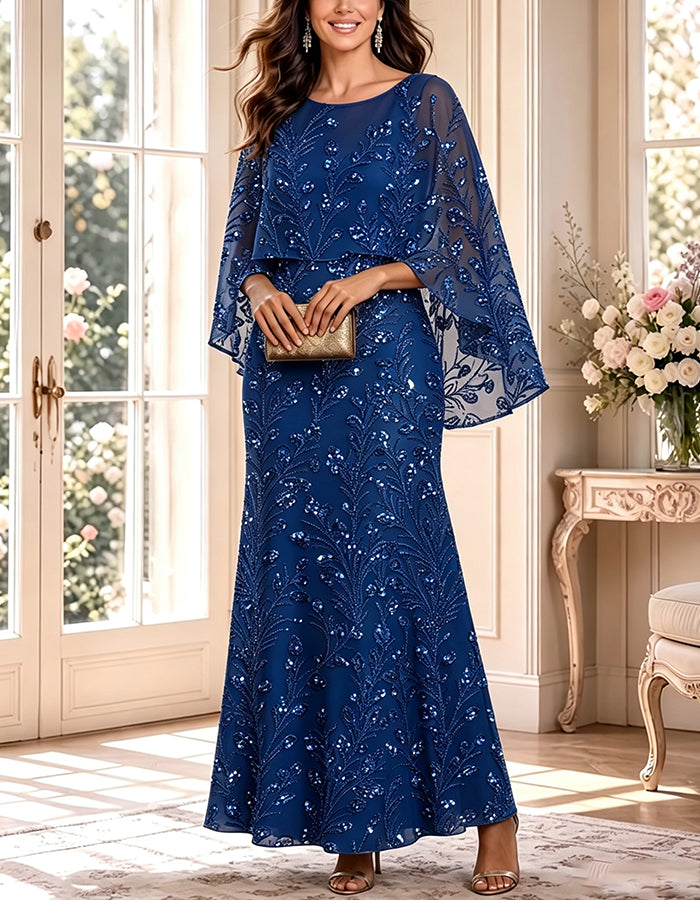 Sequin Floral Round Neck Cape Sleeve A‑Line Maxi Dress