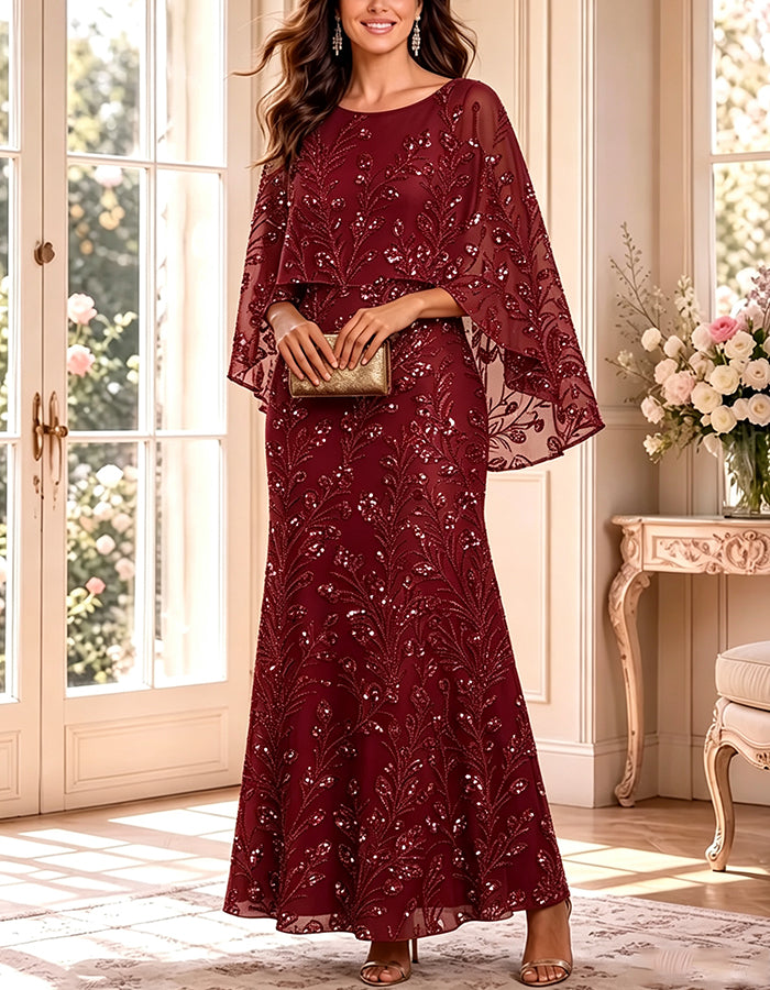 Sequin Floral Round Neck Cape Sleeve A‑Line Maxi Dress