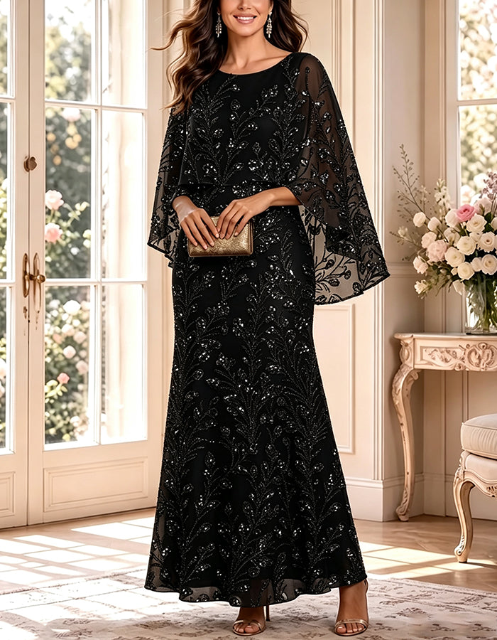 Sequin Floral Round Neck Cape Sleeve A‑Line Maxi Dress
