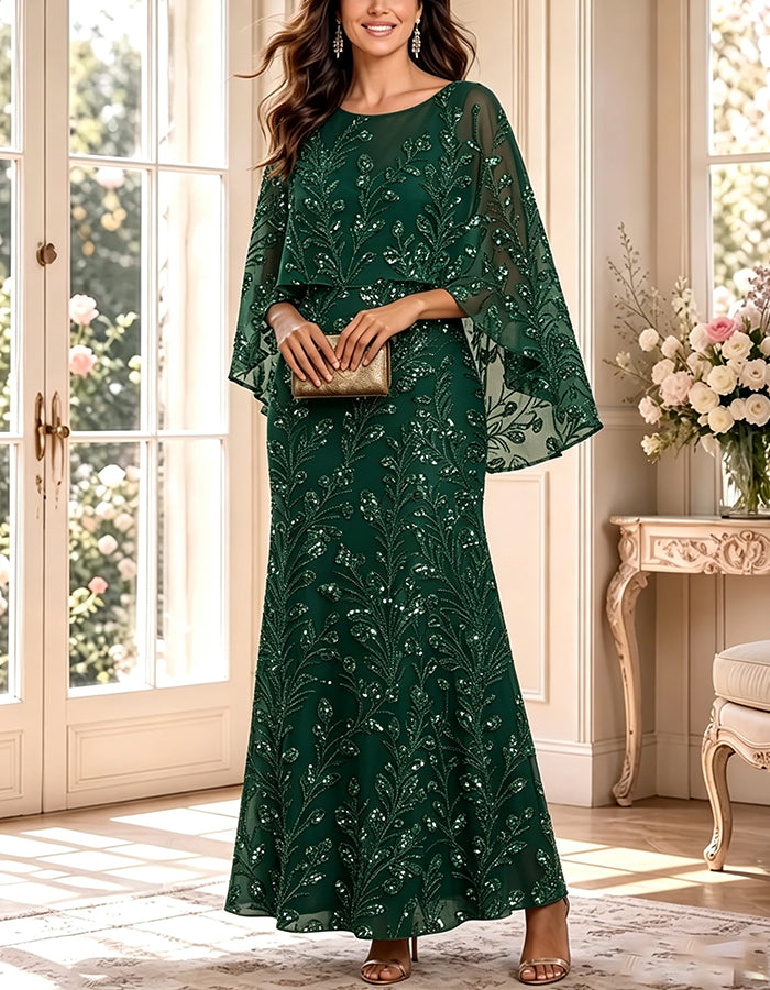 Sequin Floral Round Neck Cape Sleeve A‑Line Maxi Dress