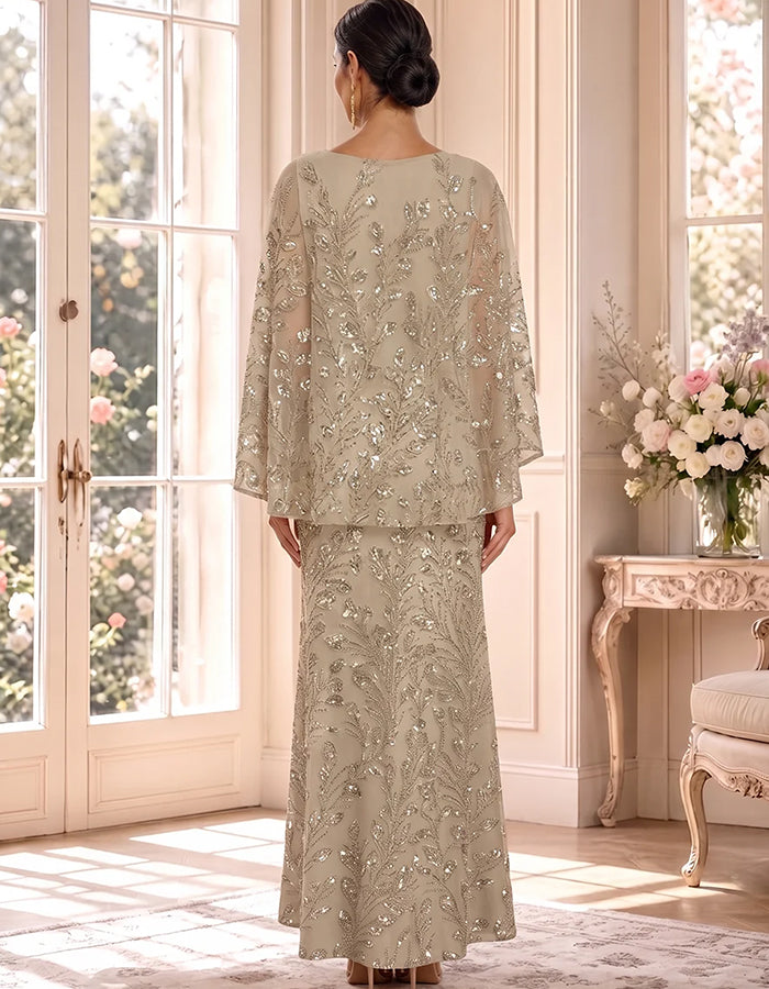 Sequin Floral Round Neck Cape Sleeve A‑Line Maxi Dress