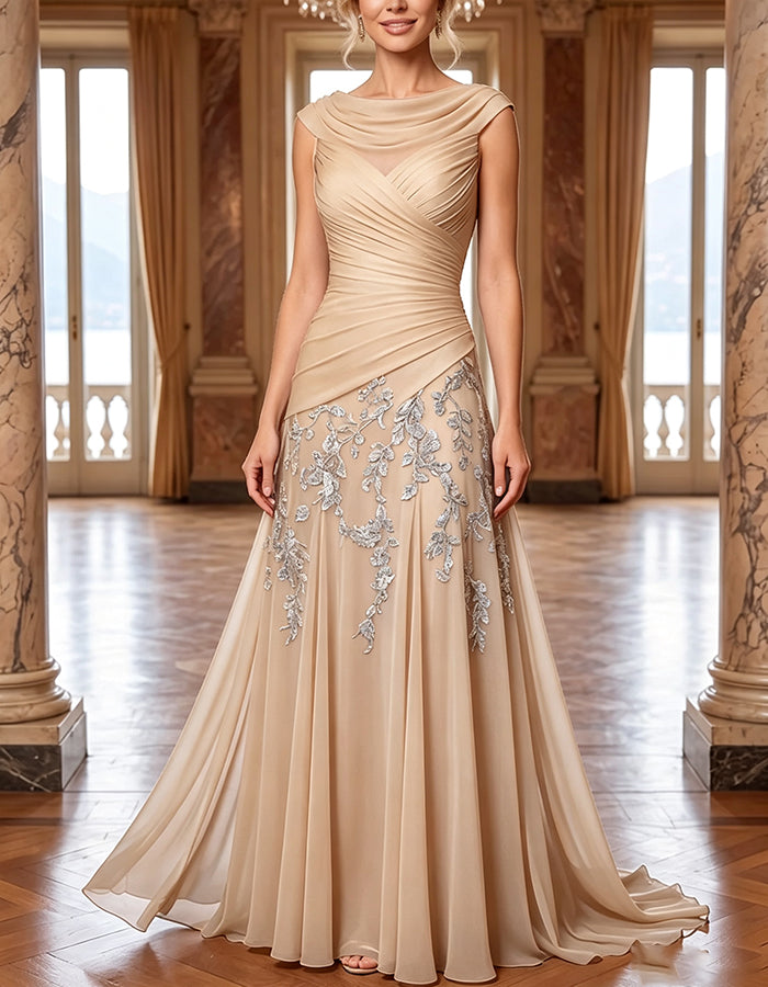 Chiffon Cowl Cap Sleeve Ruched Floral Embroidery A‑Line Maxi Dress