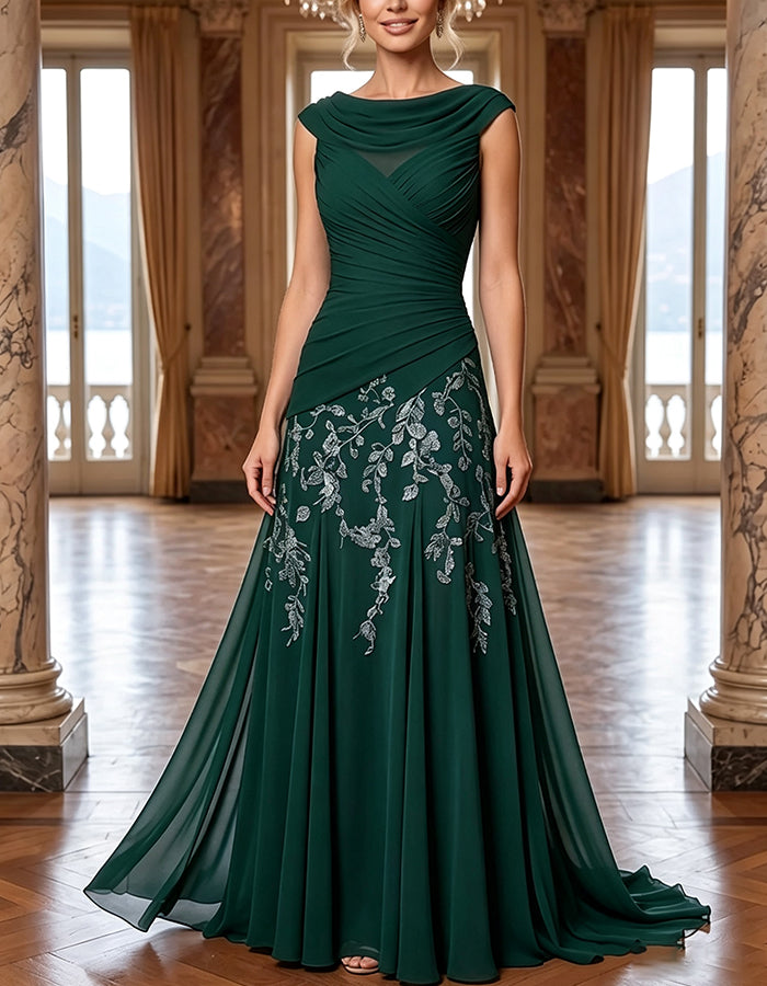 Chiffon Cowl Cap Sleeve Ruched Floral Embroidery A‑Line Maxi Dress