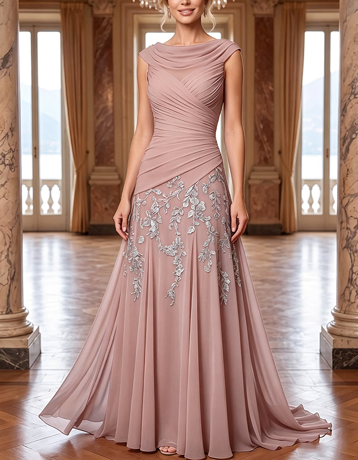 Chiffon Cowl Cap Sleeve Ruched Floral Embroidery A‑Line Maxi Dress