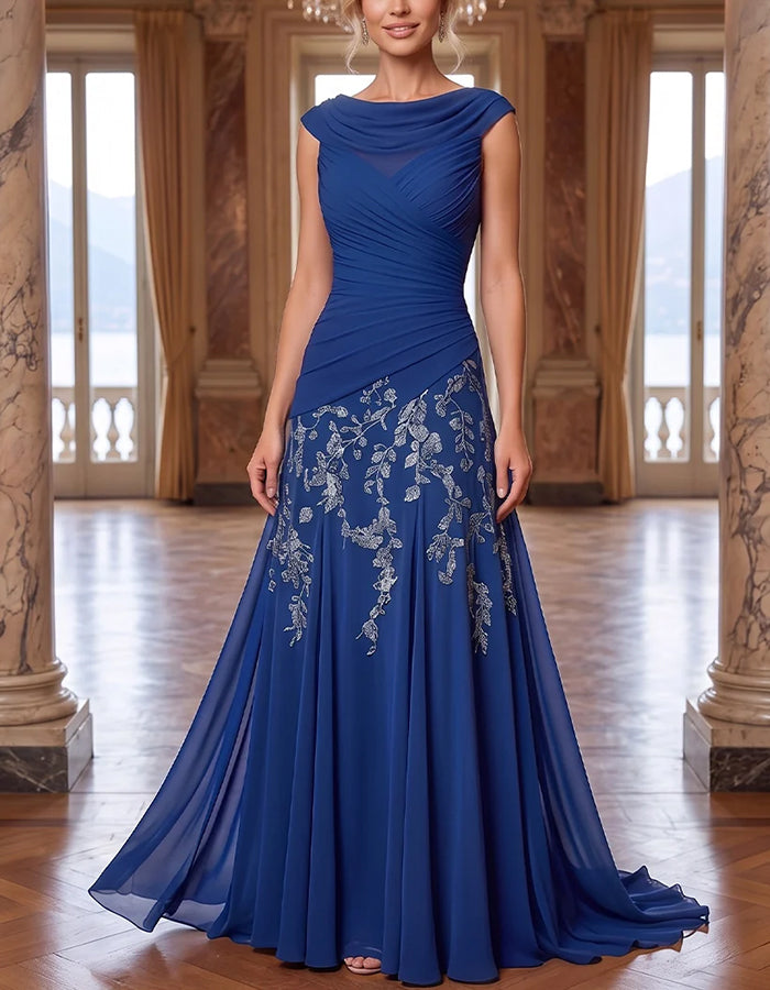 Chiffon Cowl Cap Sleeve Ruched Floral Embroidery A‑Line Maxi Dress