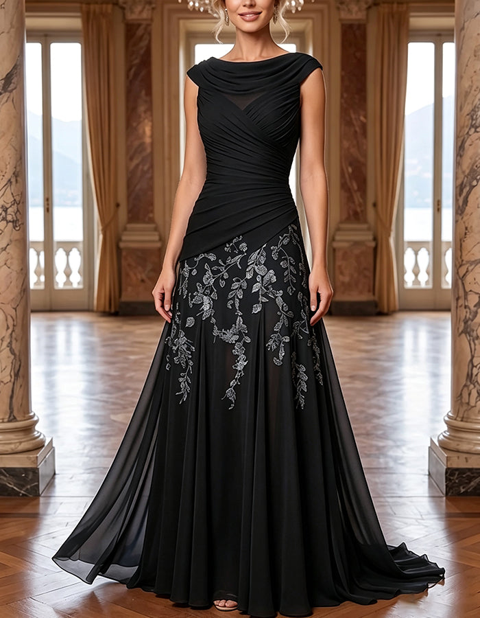 Chiffon Cowl Cap Sleeve Ruched Floral Embroidery A‑Line Maxi Dress