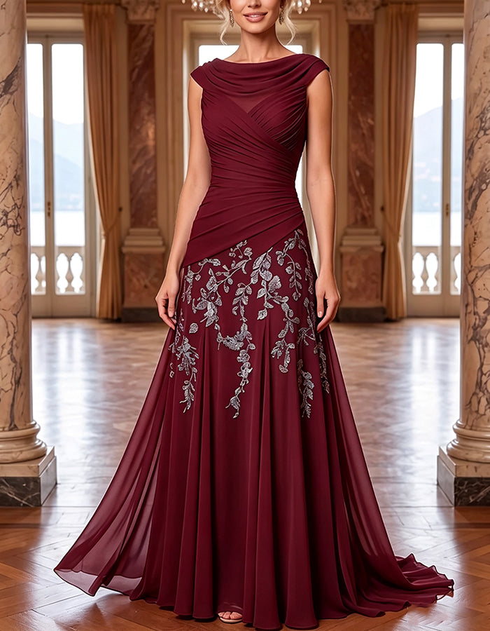 Chiffon Cowl Cap Sleeve Ruched Floral Embroidery A‑Line Maxi Dress