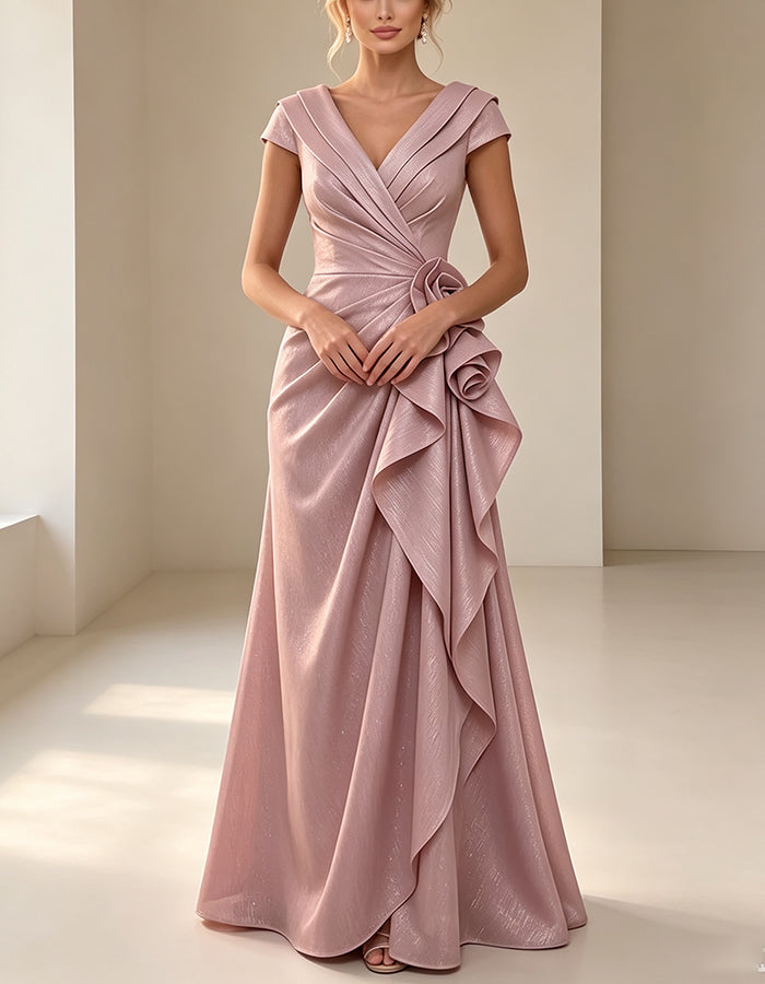 V‑Neck Cap Sleeve 3D Rose Floral Side Ruffle Maxi Dress