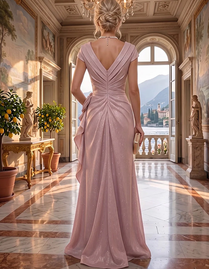 V‑Neck Cap Sleeve 3D Rose Floral Side Ruffle Maxi Dress