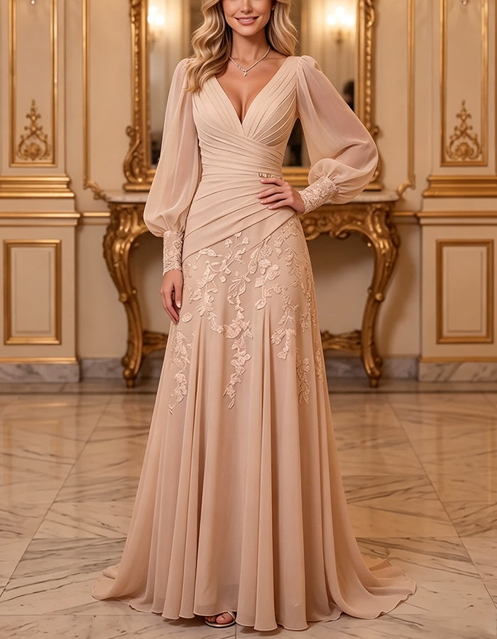 Chiffon Lantern Sleeve Lace Cuff Floral Maxi Dress
