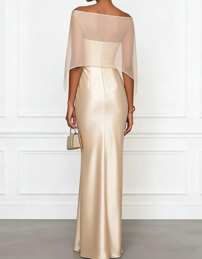 Elegant Champagne Satin Mermaid With Sheer Chiffon Cape Overlay Maxi Dress