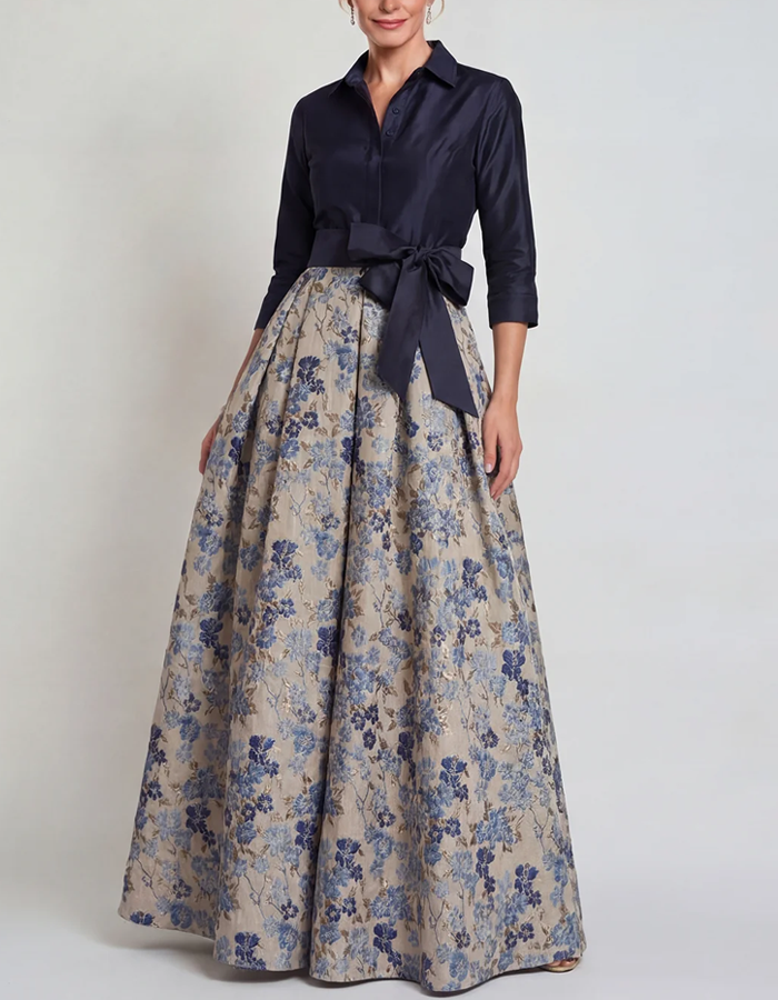 Navy Satin & Floral Jacquard Collared 3/4 Sleeve Maxi Dress
