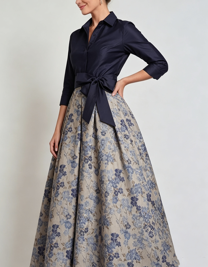 Navy Satin & Floral Jacquard Collared 3/4 Sleeve Maxi Dress