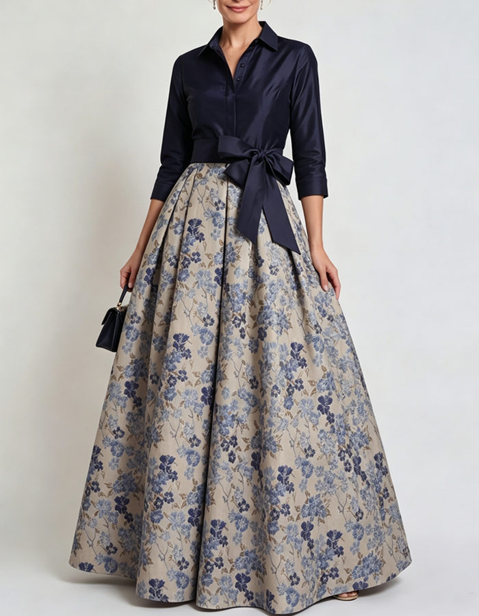 Navy Satin & Floral Jacquard Collared 3/4 Sleeve Maxi Dress