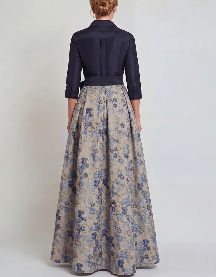 Navy Satin & Floral Jacquard Collared 3/4 Sleeve Maxi Dress