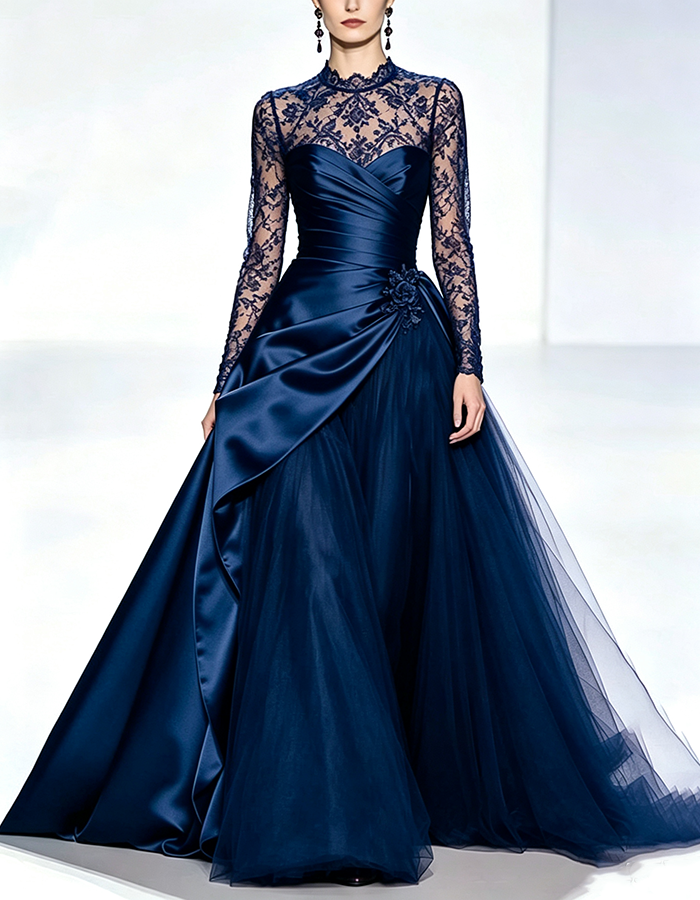 Burgundy High‑Neck Long‑Lace‑Sleeve Wrap‑Ruched Satin‑Tulle A‑Line Maxi Dress