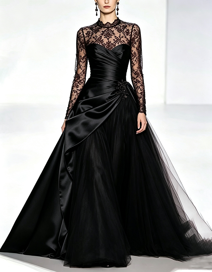 Burgundy High‑Neck Long‑Lace‑Sleeve Wrap‑Ruched Satin‑Tulle A‑Line Maxi Dress