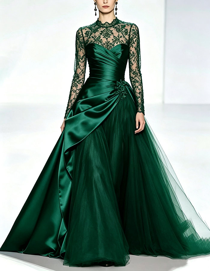 Burgundy High‑Neck Long‑Lace‑Sleeve Wrap‑Ruched Satin‑Tulle A‑Line Maxi Dress