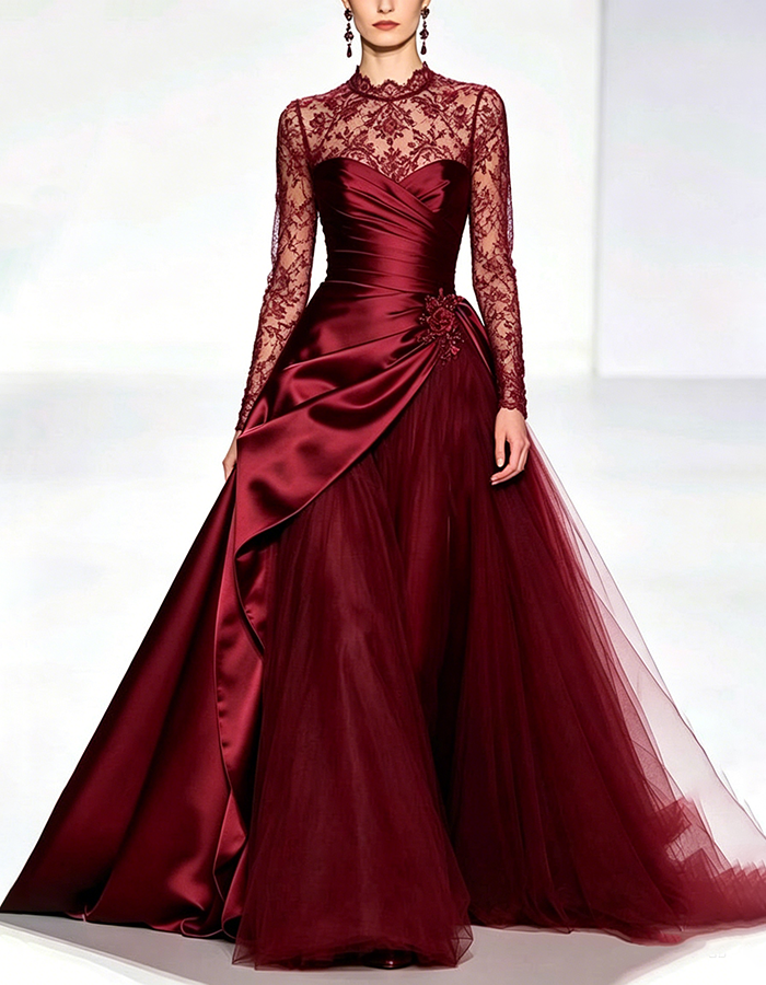 Burgundy High‑Neck Long‑Lace‑Sleeve Wrap‑Ruched Satin‑Tulle A‑Line Maxi Dress