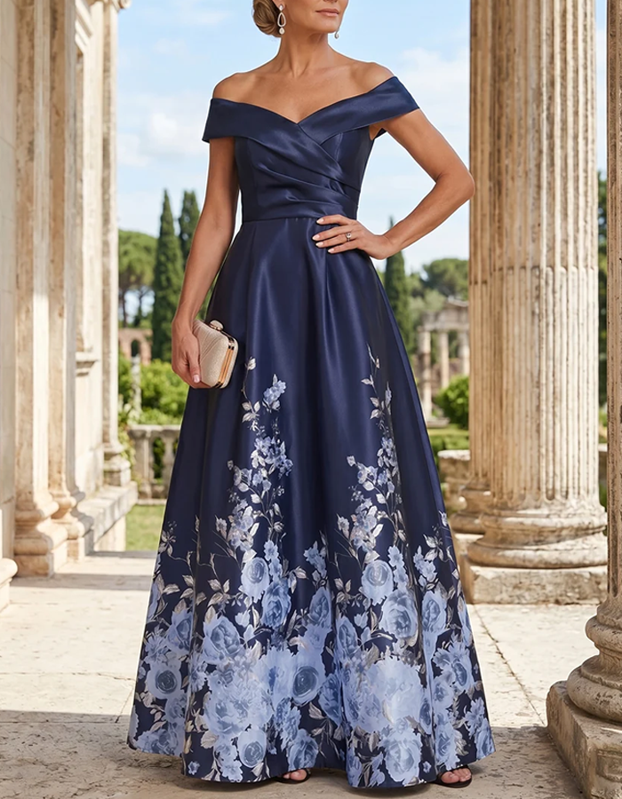 Navy Satin Off‑the‑Shoulder Evening Gown With Watercolor Floral Print Maxi Dress