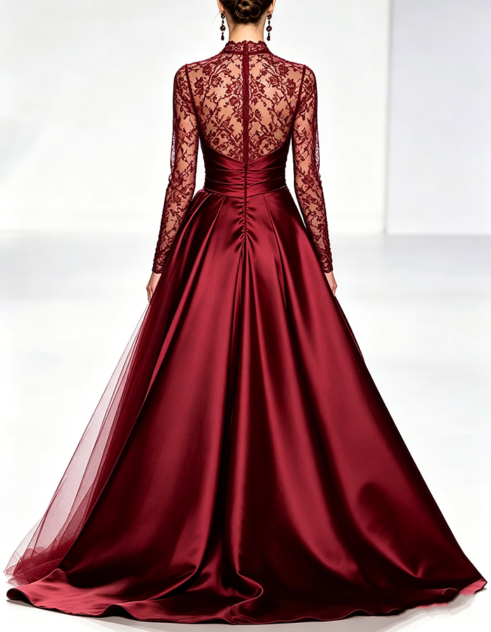 Burgundy High‑Neck Long‑Lace‑Sleeve Wrap‑Ruched Satin‑Tulle A‑Line Maxi Dress
