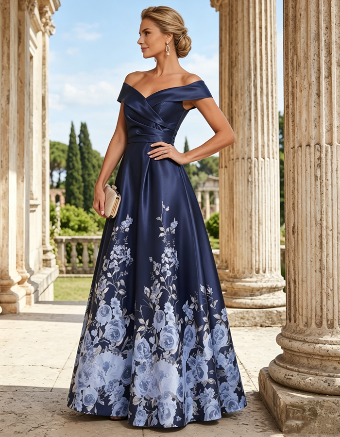 Navy Satin Off‑the‑Shoulder Evening Gown With Watercolor Floral Print Maxi Dress