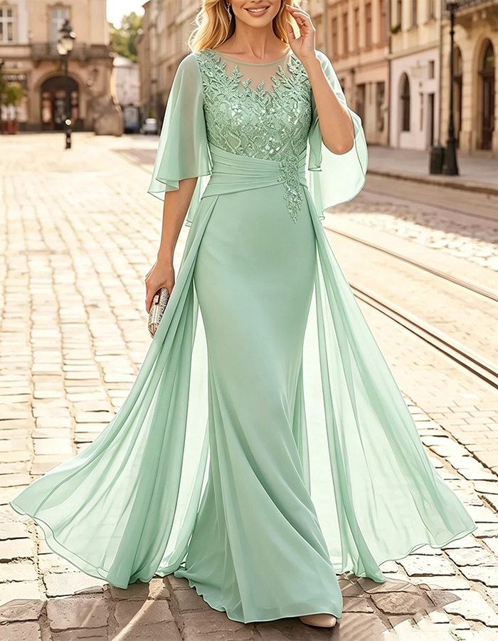 Lavender Illusion‑Neck Flutter‑Cape‑Sleeve Sequin‑Appliqué Chiffon Mermaid Maxi Dress