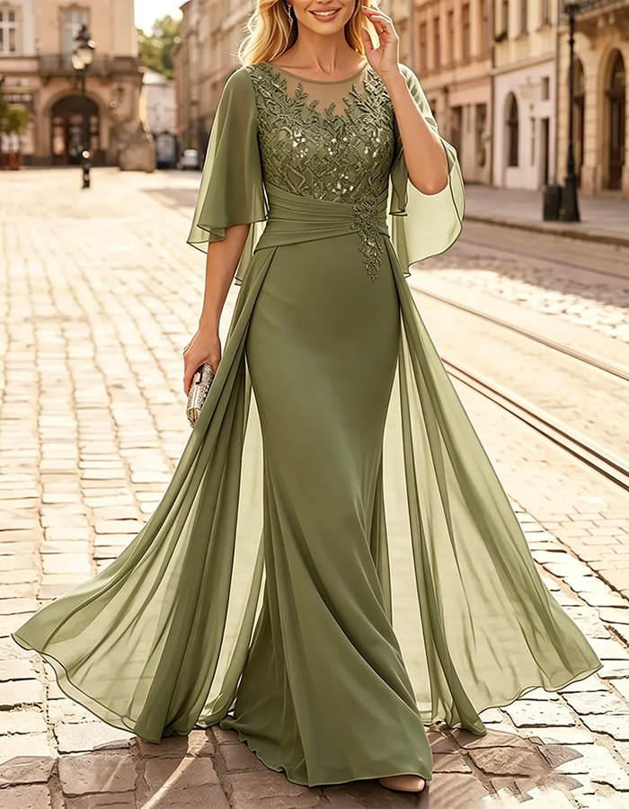 Lavender Illusion‑Neck Flutter‑Cape‑Sleeve Sequin‑Appliqué Chiffon Mermaid Maxi Dress