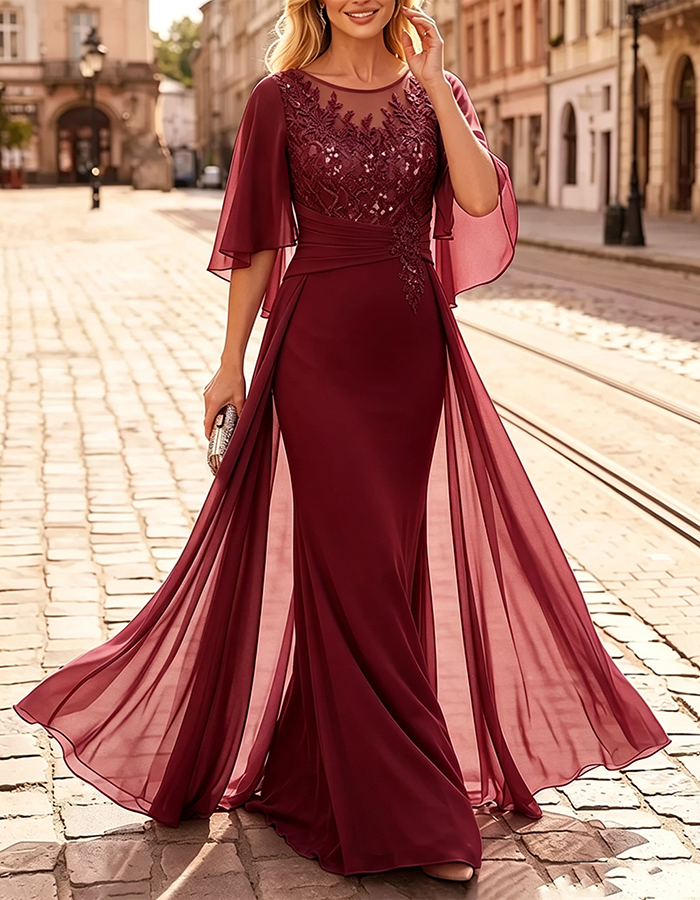 Lavender Illusion‑Neck Flutter‑Cape‑Sleeve Sequin‑Appliqué Chiffon Mermaid Maxi Dress