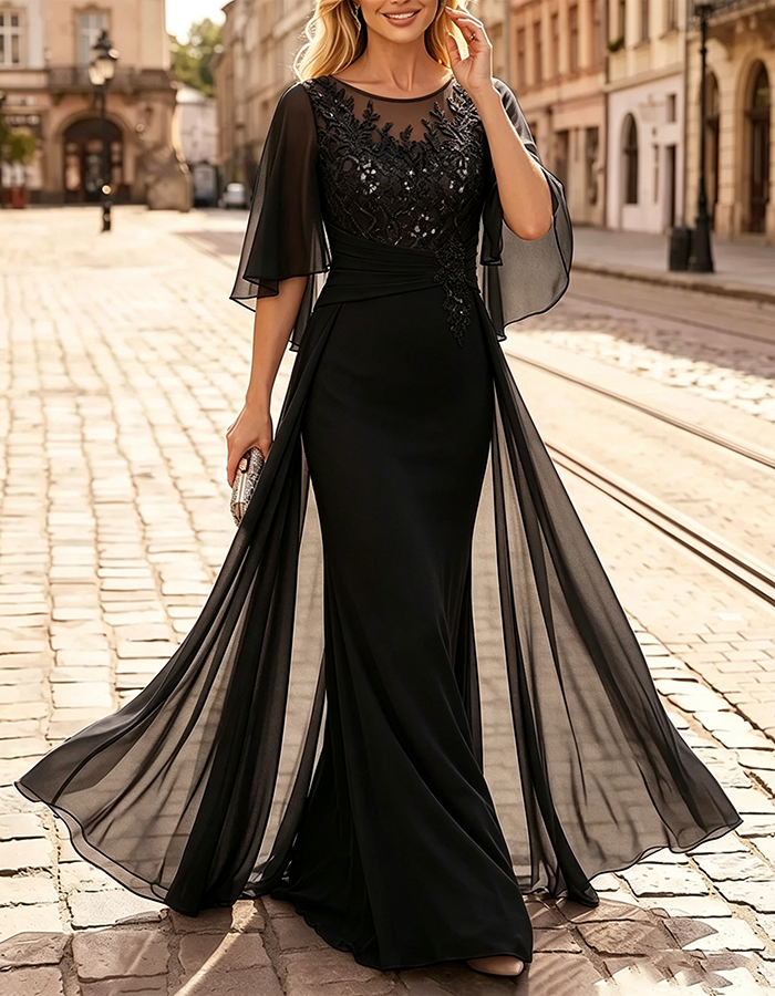Lavender Illusion‑Neck Flutter‑Cape‑Sleeve Sequin‑Appliqué Chiffon Mermaid Maxi Dress