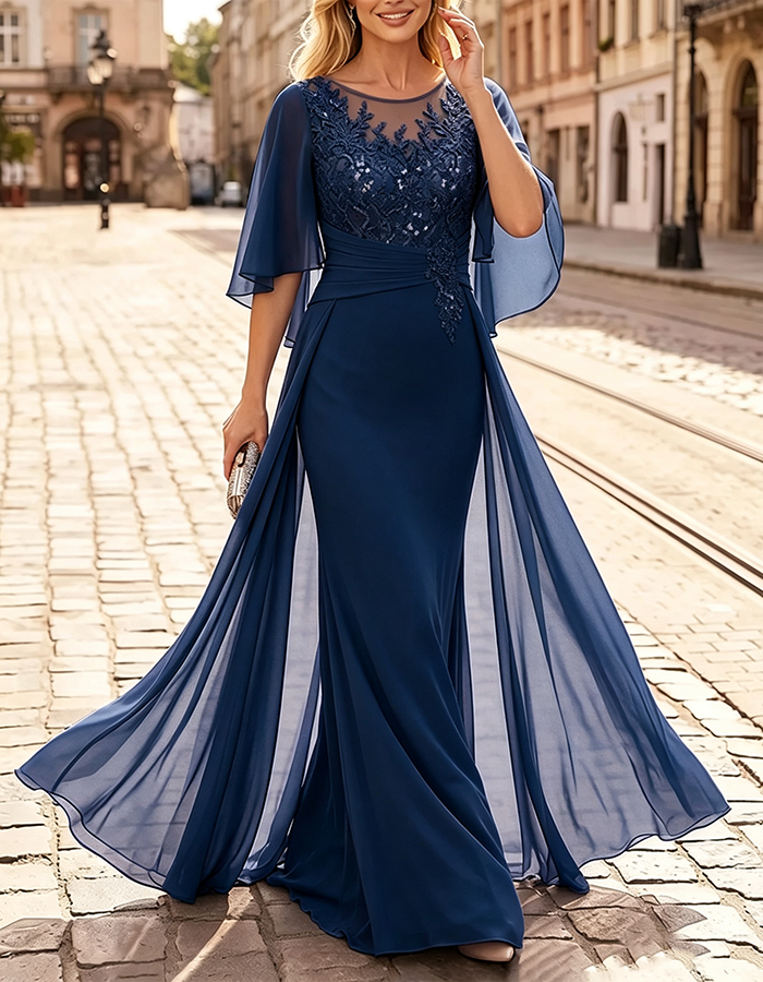 Lavender Illusion‑Neck Flutter‑Cape‑Sleeve Sequin‑Appliqué Chiffon Mermaid Maxi Dress