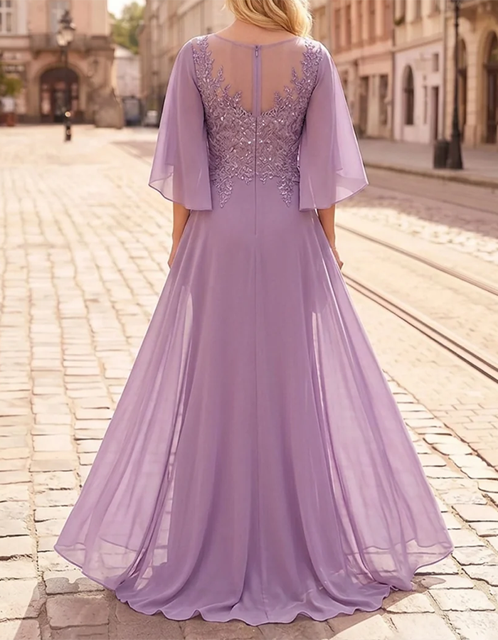 Lavender Illusion‑Neck Flutter‑Cape‑Sleeve Sequin‑Appliqué Chiffon Mermaid Maxi Dress