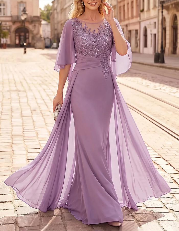 Lavender Illusion‑Neck Flutter‑Cape‑Sleeve Sequin‑Appliqué Chiffon Mermaid Maxi Dress