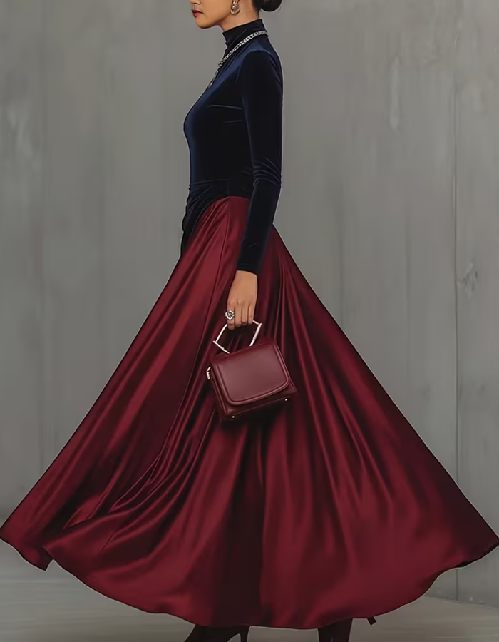 Elegant High‑Neck Long Sleeve Gown Velvet Satin Maxi Dress
