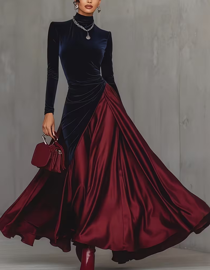 Elegant High‑Neck Long Sleeve Gown Velvet Satin Maxi Dress