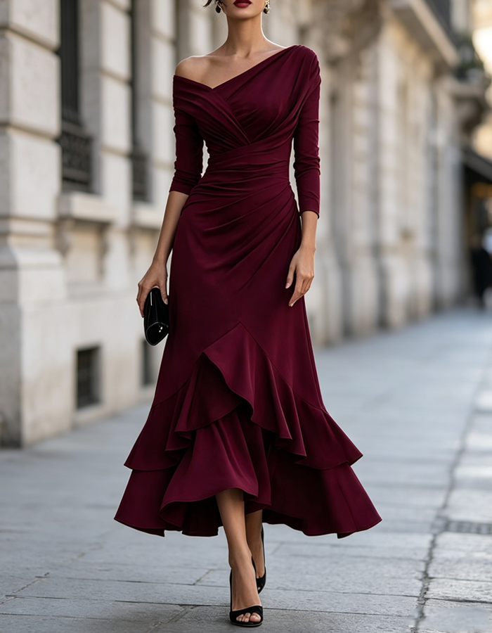 Off‑the‑Shoulder Ruched Wrap 3/4 Sleeve Midi Dress