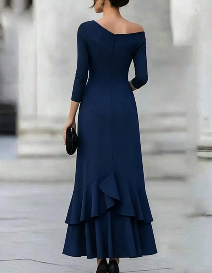 Off‑the‑Shoulder Ruched Wrap 3/4 Sleeve Midi Dress