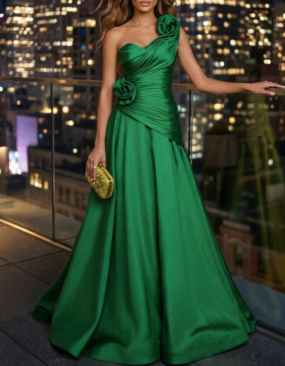 One‑Shoulder Satin 3D Floral Ruched A‑Line Maxi Dress