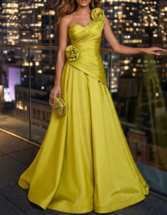 One‑Shoulder Satin 3D Floral Ruched A‑Line Maxi Dress