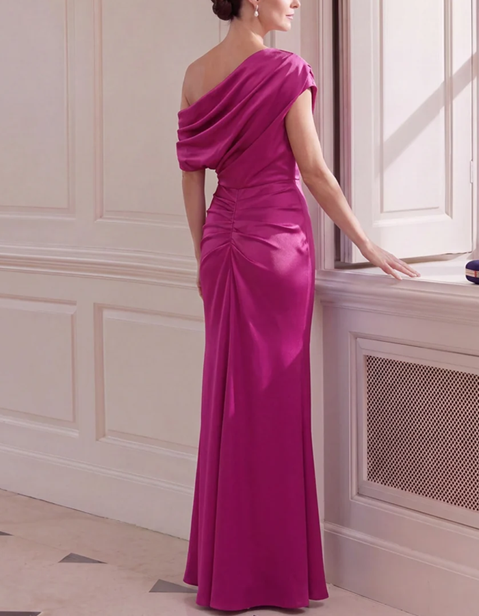 Off‑the‑Shoulder Draped Satin Mermaid Maxi Dress