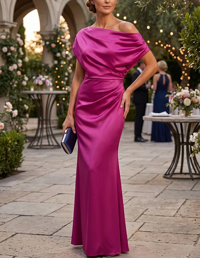Off‑the‑Shoulder Draped Satin Mermaid Maxi Dress