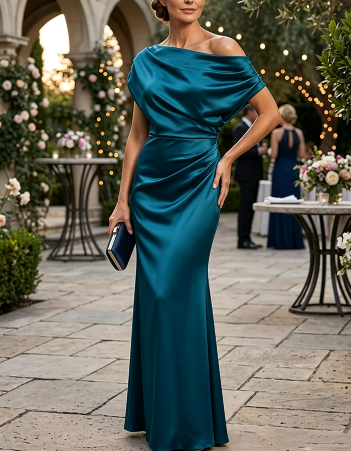Off‑the‑Shoulder Draped Satin Mermaid Maxi Dress