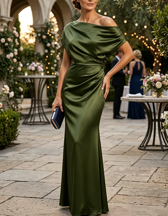 Off‑the‑Shoulder Draped Satin Mermaid Maxi Dress