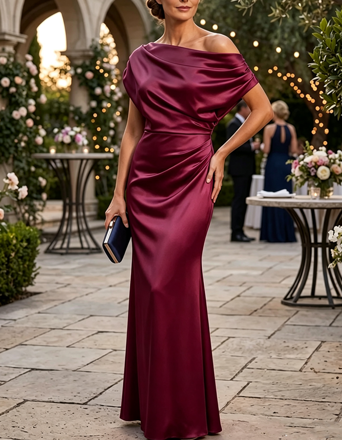 Off‑the‑Shoulder Draped Satin Mermaid Maxi Dress