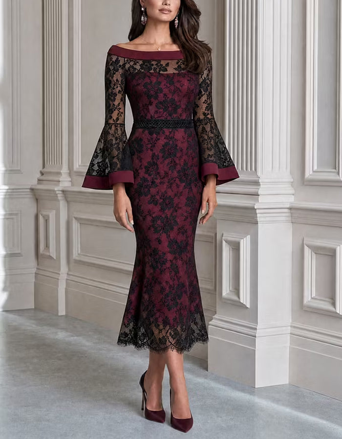 Burgundy And Black Floral Lace Fishtail Midi Dress