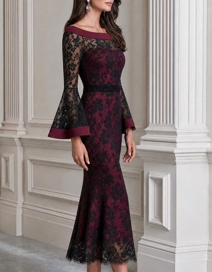 Burgundy And Black Floral Lace Fishtail Midi Dress